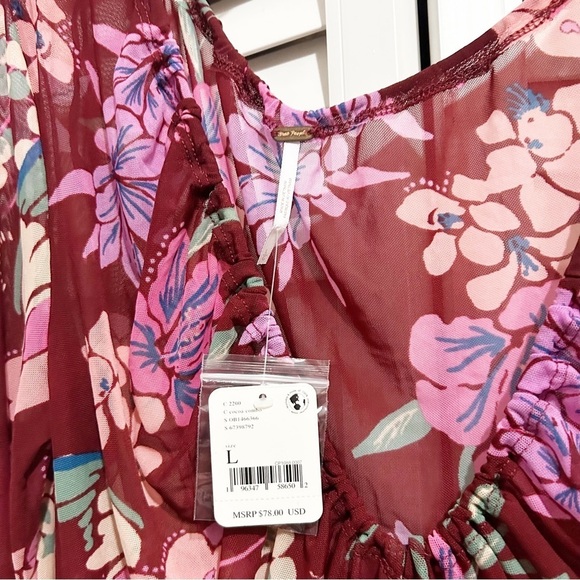 NEW Free People of Paradise Cocoa Combo Burgundy Floral Sheer Top Size Large (L) - Picture 6 of 9